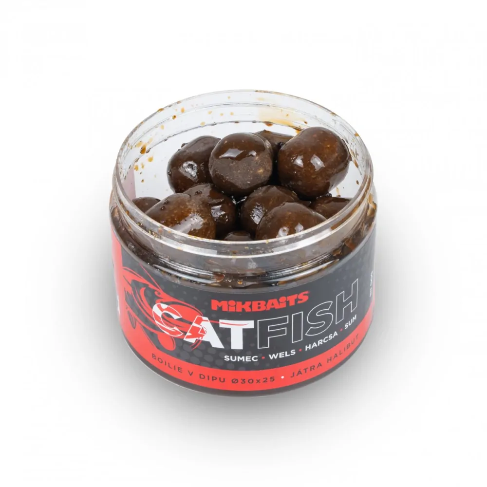 Mikbaits Catfish Boilie v dipu Játra Halibut 50x30mm 500ml